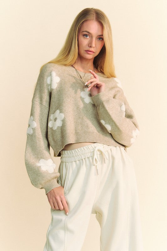 Davi & Dani Floral Drop Shoulder Cropped Sweater - The Goddess Galleries