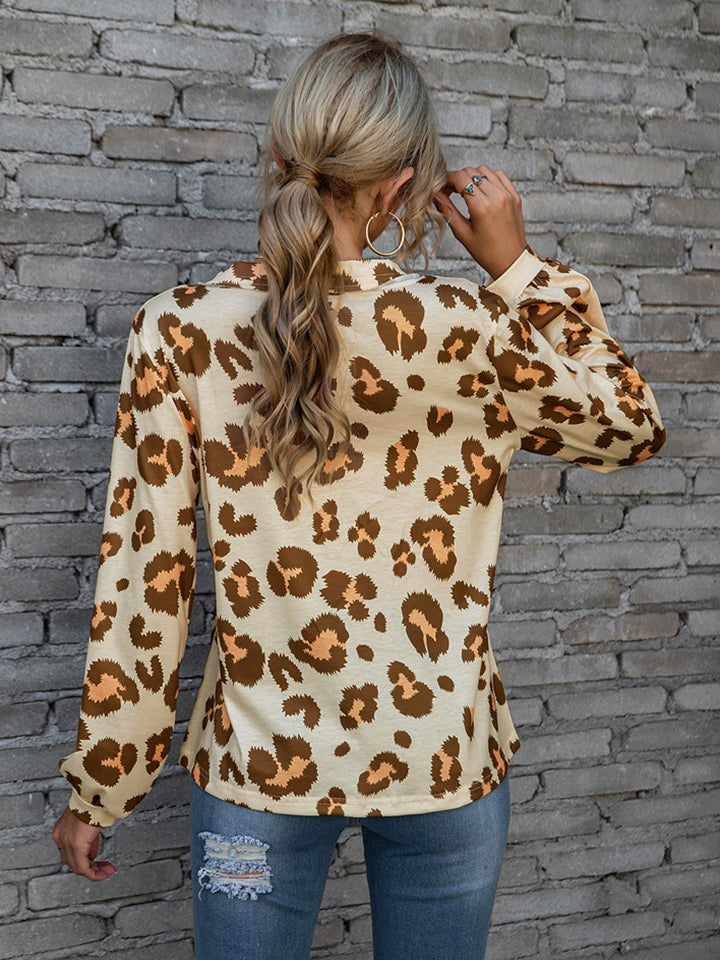 Leopard V-Neck Decorative Button Long Sleeve Blouse - The Goddess Galleries