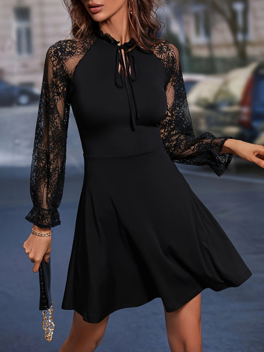 Lace Tie Neck Flounce Sleeve Dress - The Goddess Galleries