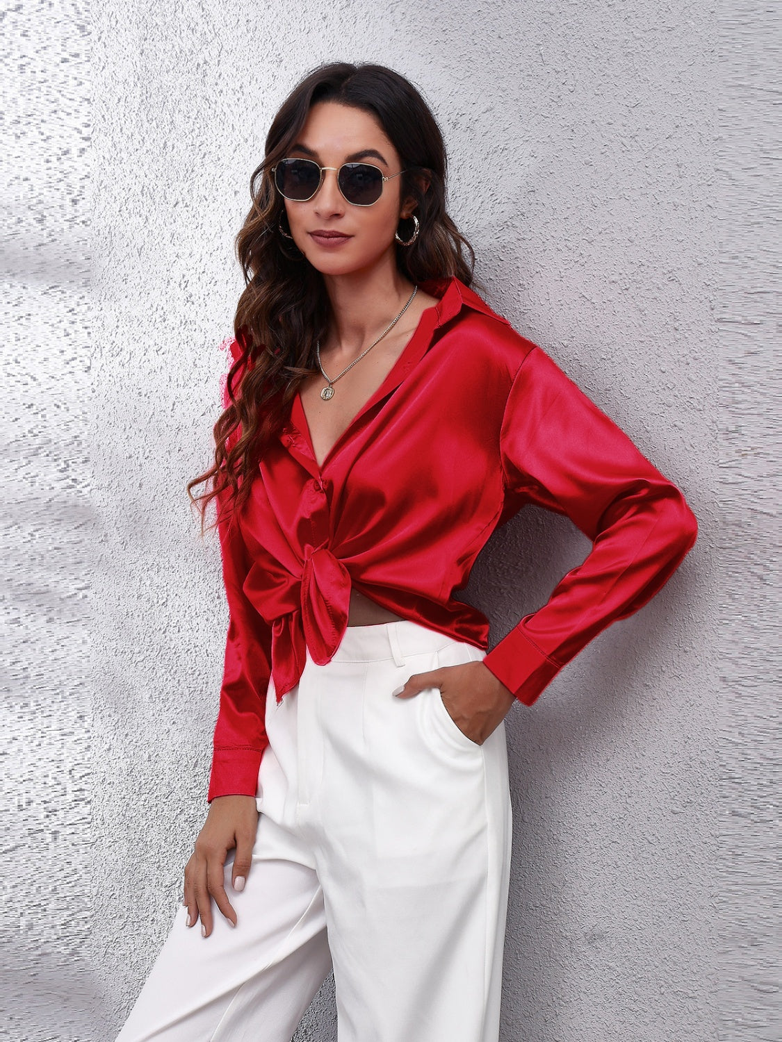 Collared Neck Buttoned Long Sleeve Shirt - The Goddess Galleries