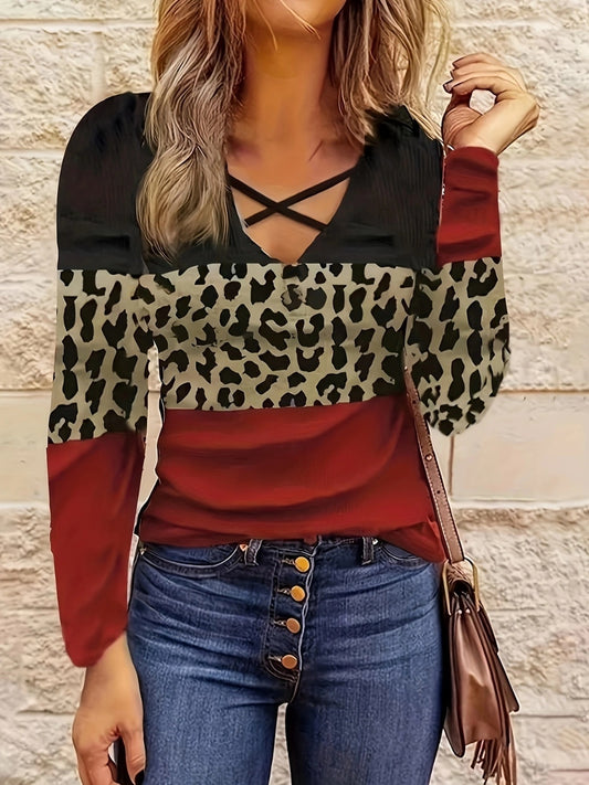 Crisscross Color Block Long Sleeve T-Shirt - The Goddess Galleries