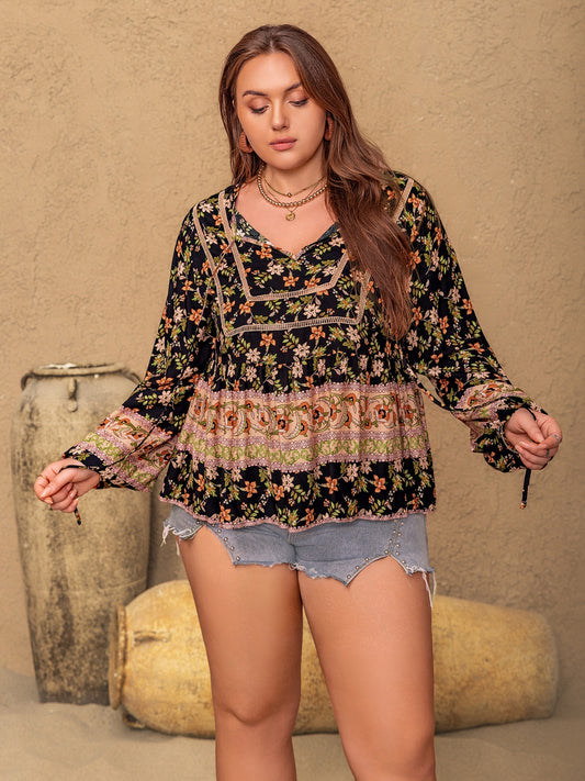 Plus Size Printed Tie Neck Balloon Sleeve Blouse - The Goddess Galleries