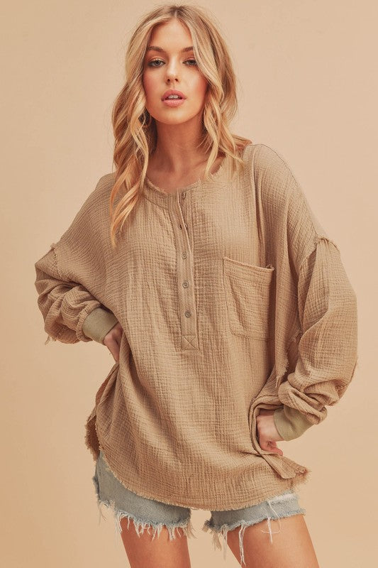 Aemi + Co Exposed Seam Raw Hem Half Button Top - The Goddess Galleries
