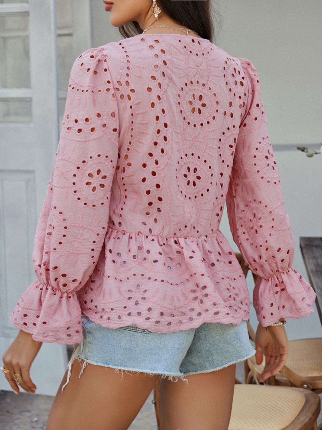 Devine Tie Front Flounce Sleeve Peplum Blouse - The Goddess Galleries