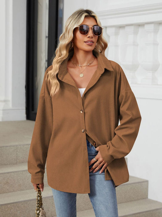 Collared Neck Long Sleeve Dropped Shoulder Shirt - The Goddess Galleries