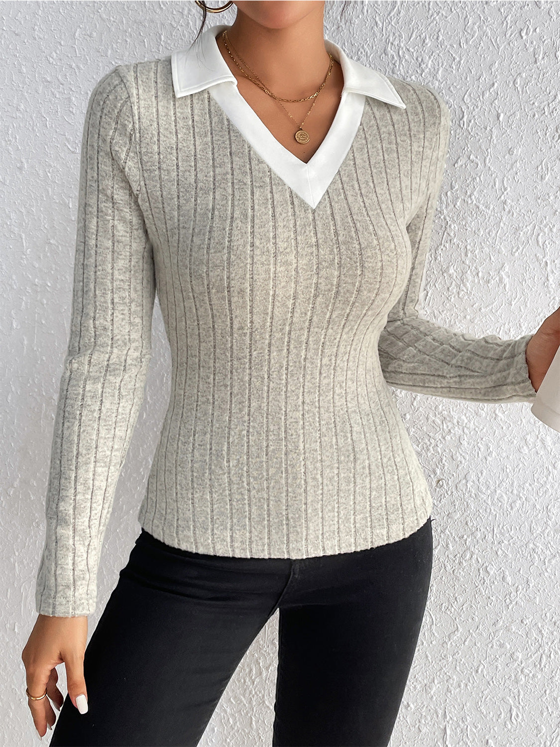 Honey Ribbed Johnny Collar Long Sleeve Blouse - The Goddess Galleries