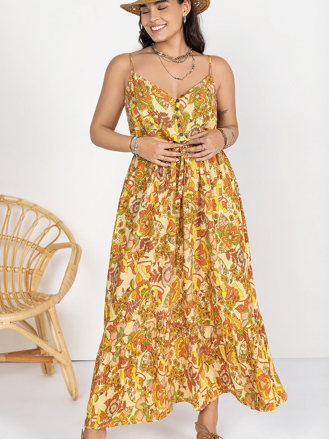 Plus Size Printed V-Neck Maxi Cami Dress - The Goddess Galleries