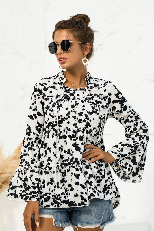 Printed Flare Sleeve Tie Neck Ruffle Trim Blouse - The Goddess Galleries