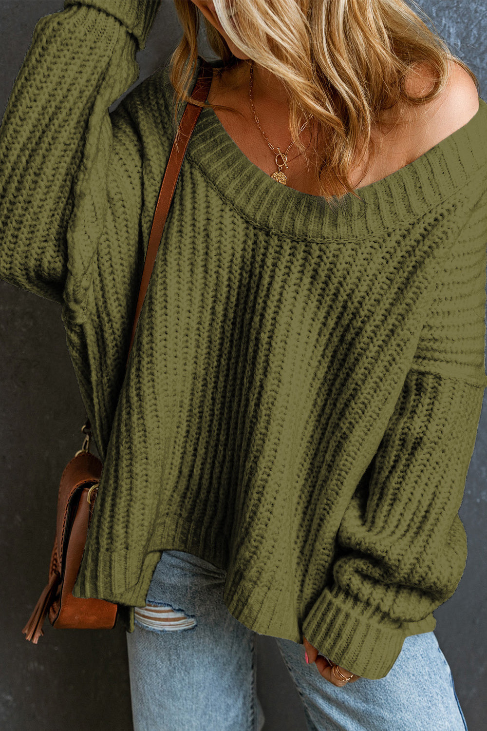Ribbed Round Neck Dropped Shoulder Sweater - The Goddess Galleries