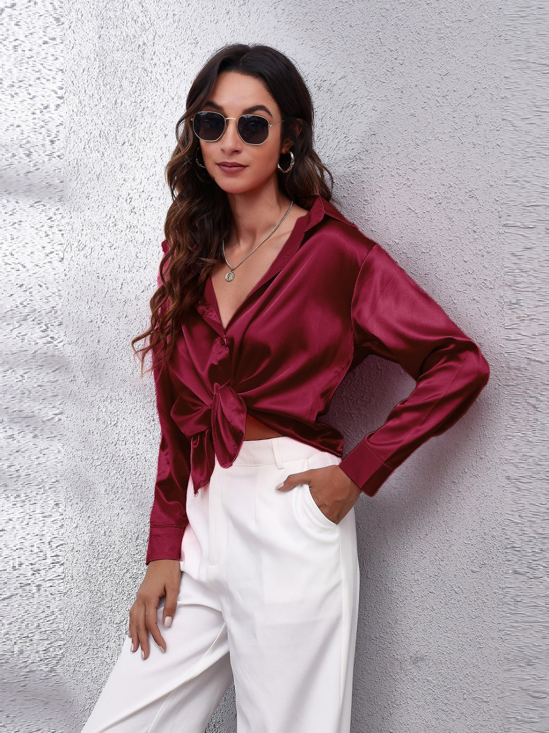 Collared Neck Buttoned Long Sleeve Shirt - The Goddess Galleries
