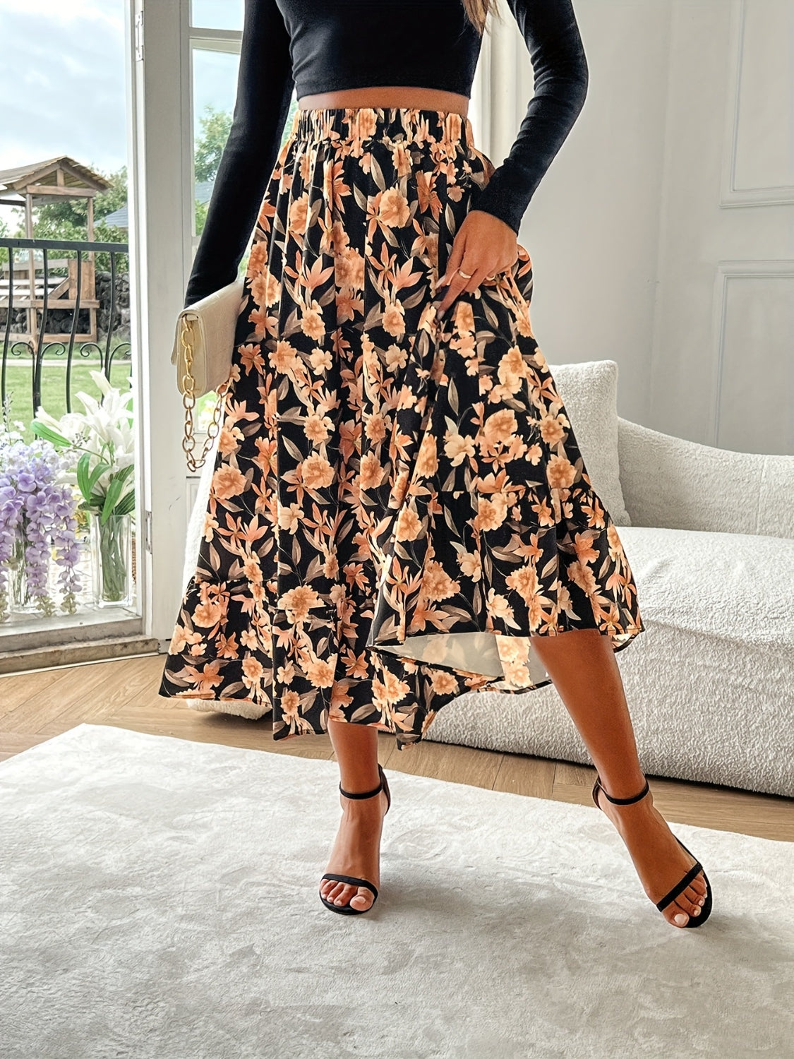 Floral Elastic Waist Midi Skirt - The Goddess Galleries