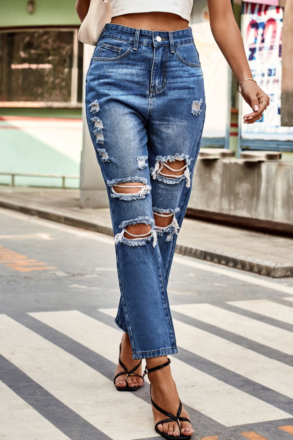 Distressed High Waist Straight Jeans - The Goddess Galleries