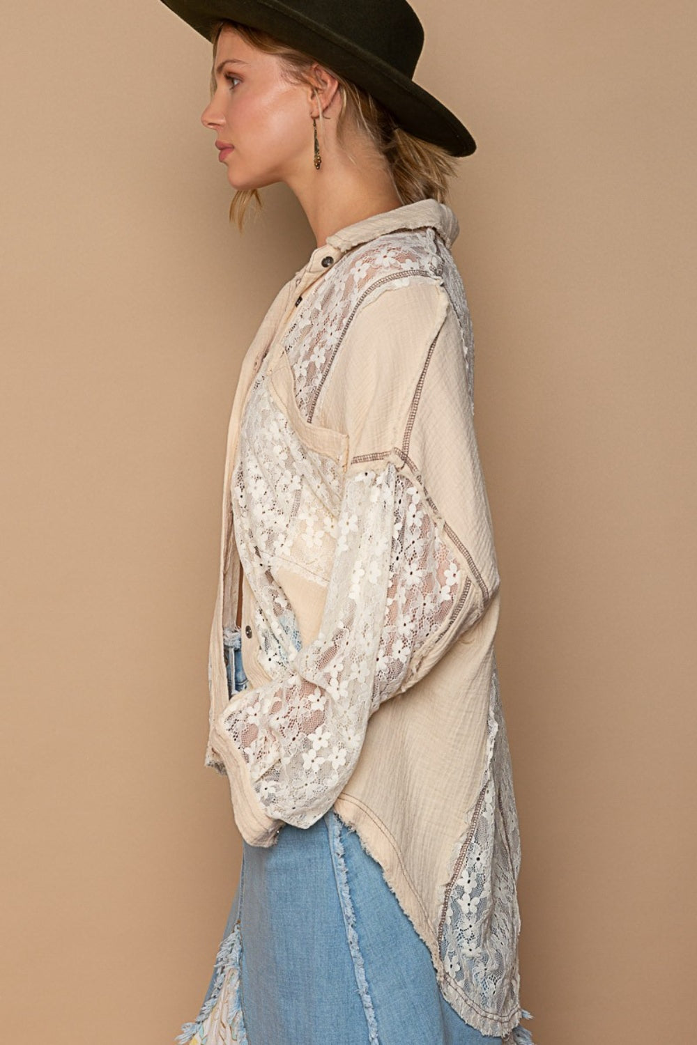 POL Oversize Lace Button-Down Shirt - The Goddess Galleries