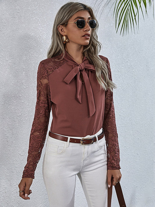 Tie Neck Spliced Lace Long Sleeve Top - The Goddess Galleries