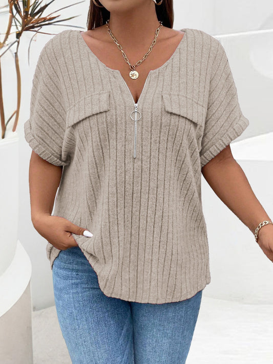 Plus Size Half Zip Short Sleeve T-Shirt - The Goddess Galleries