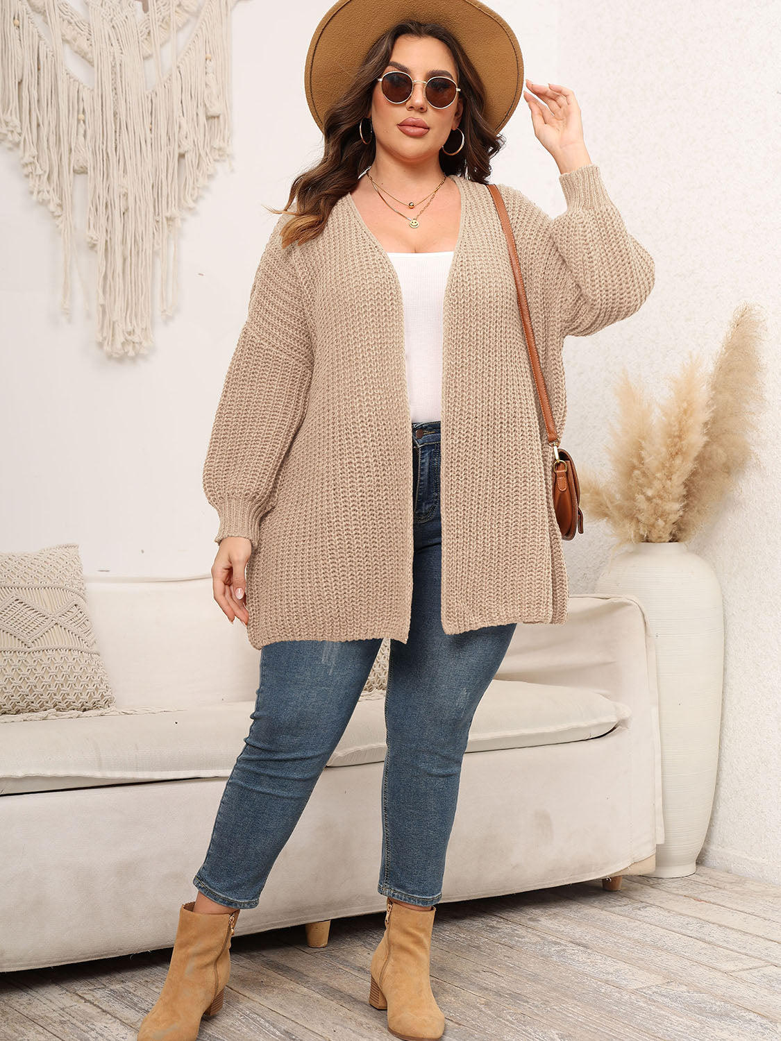 Plus Size Open Front Dropped Shoulder Knit Cardigan - The Goddess Galleries
