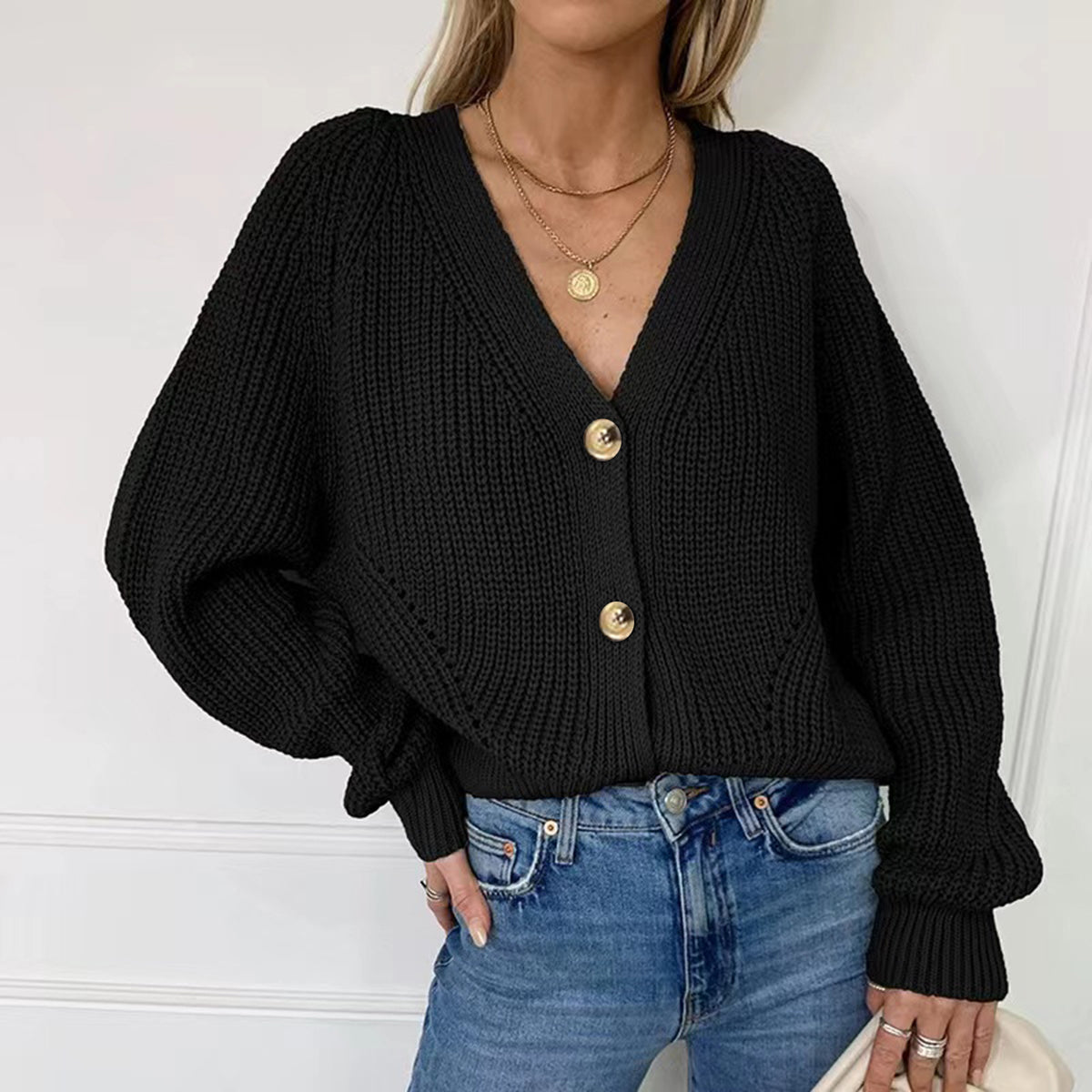 Button Up V-Neck Long Sleeve Cardigan - The Goddess Galleries