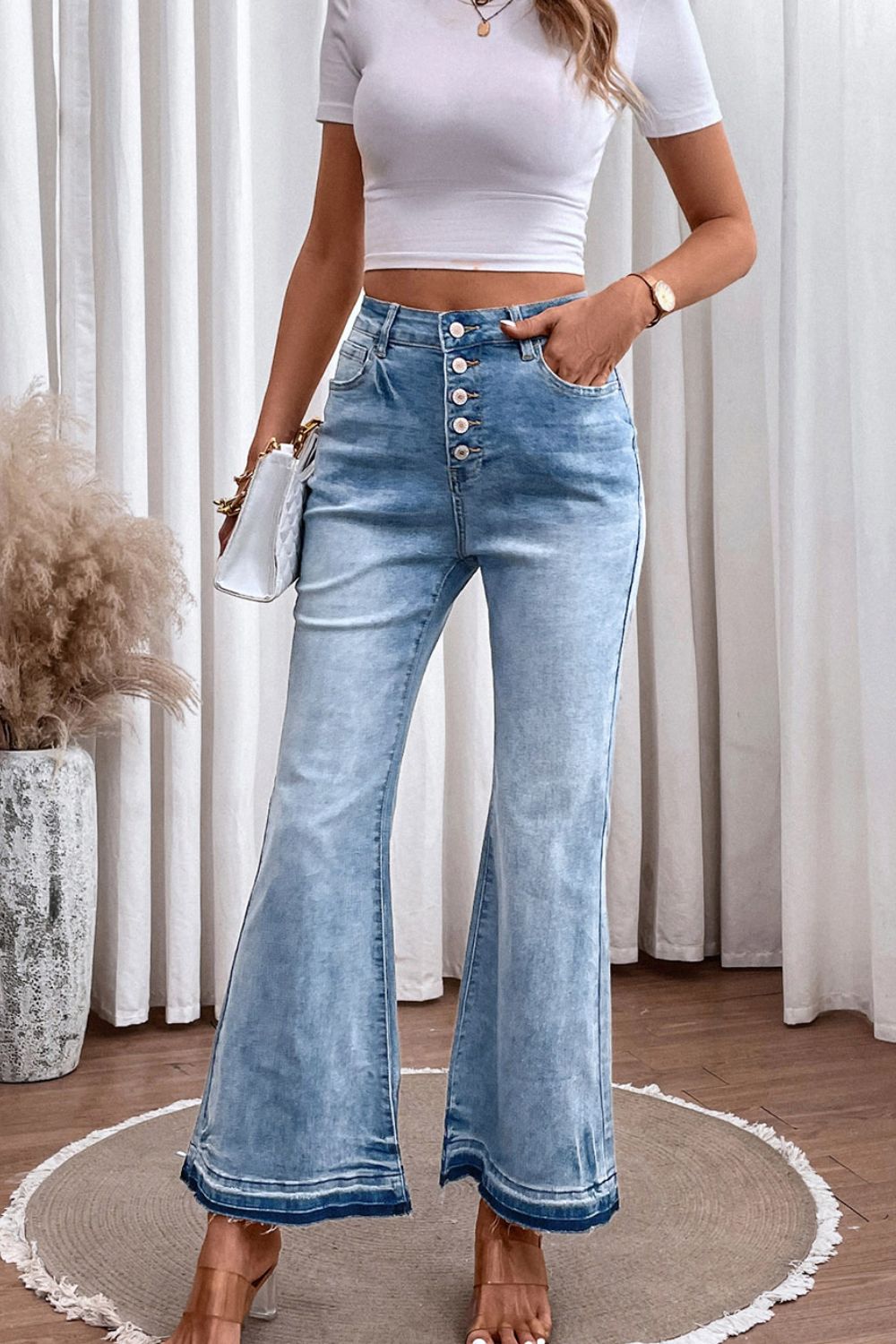 High Waist Button Fly Flared Jeans - The Goddess Galleries
