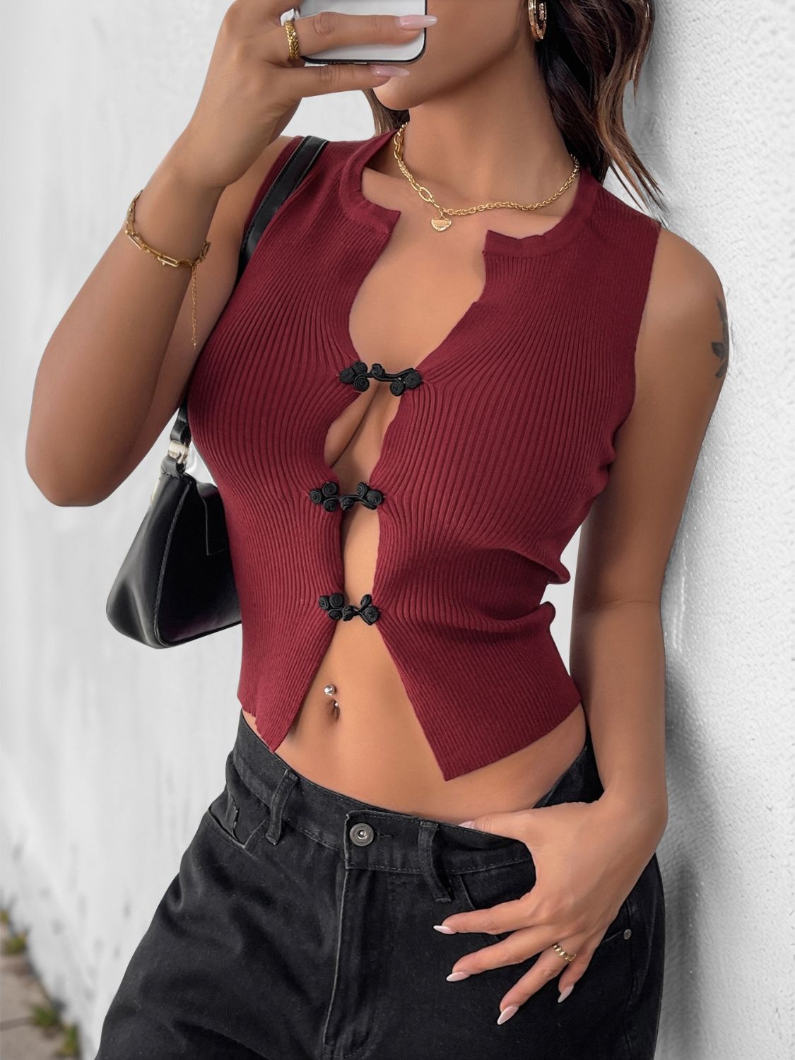 Perfee Ribbed Knot Button Cropped Tank - The Goddess Galleries