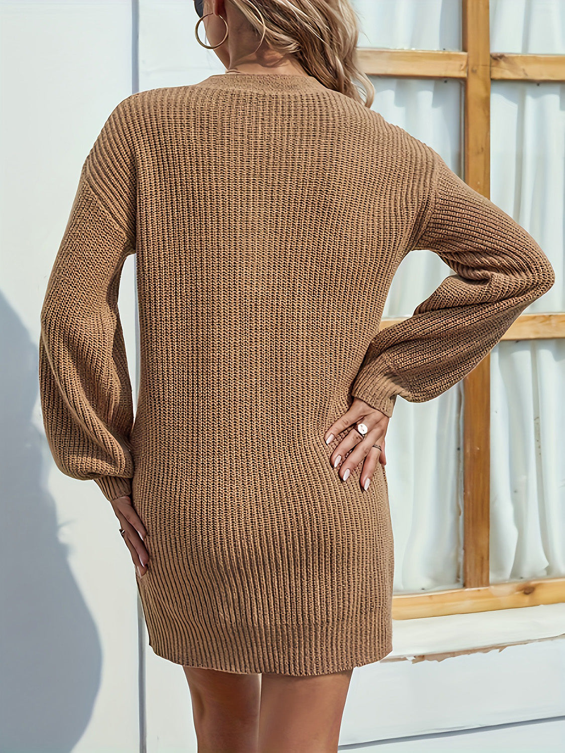 V-Neck Dropped Shoulder Mini Sweater Dress - The Goddess Galleries