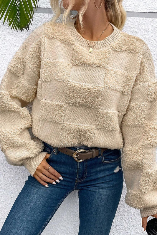 Checkered Round Neck Dropped Shoulder Sweater - The Goddess Galleries