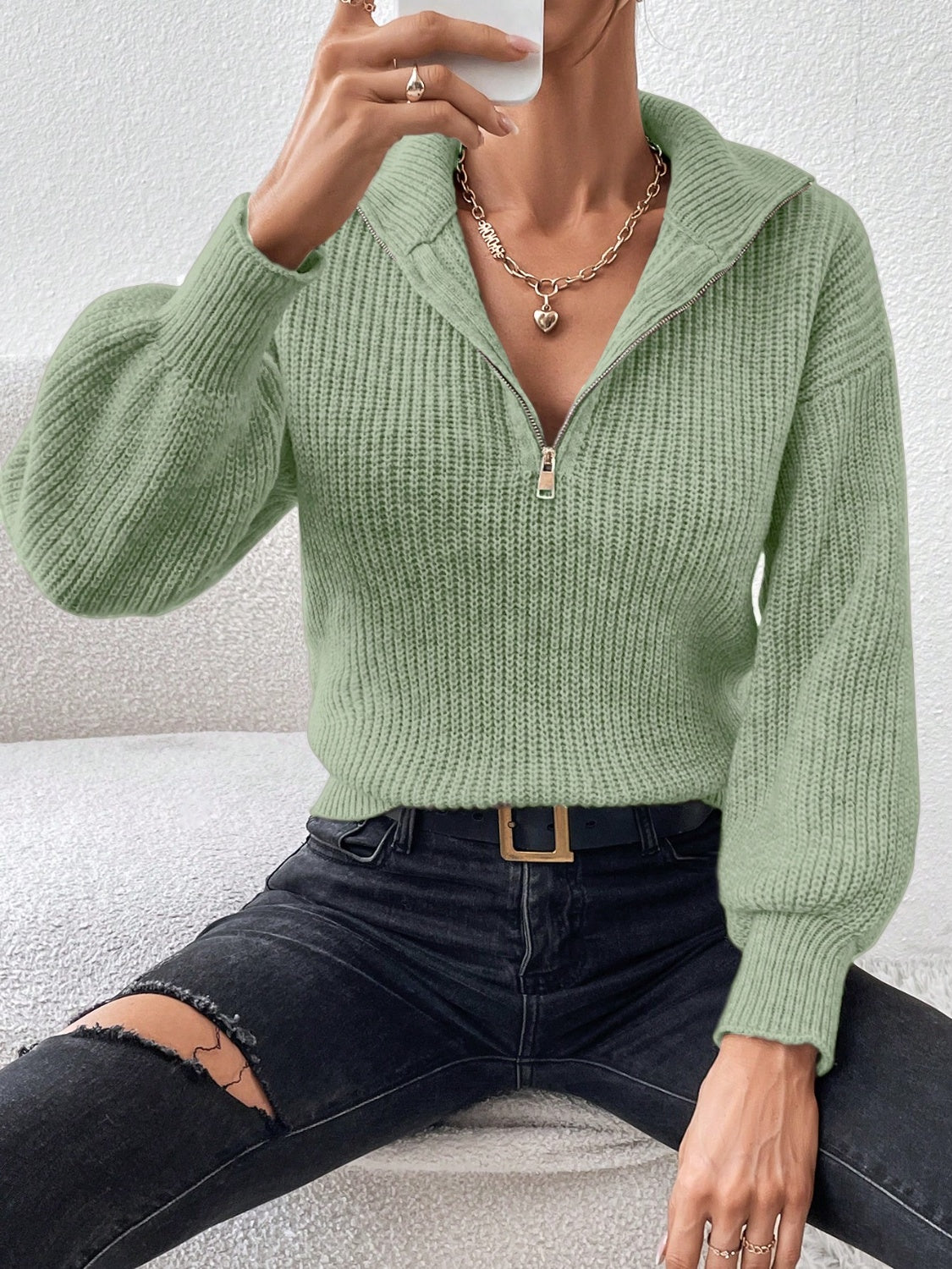 Honey Half Zip Dropped Shoulder Sweater - The Goddess Galleries
