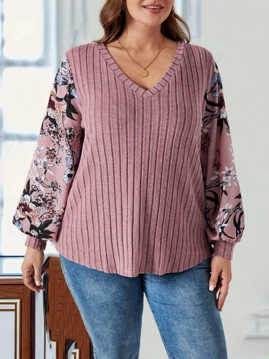Plus Size Printed V-Neck Long Sleeve T-Shirt - The Goddess Galleries