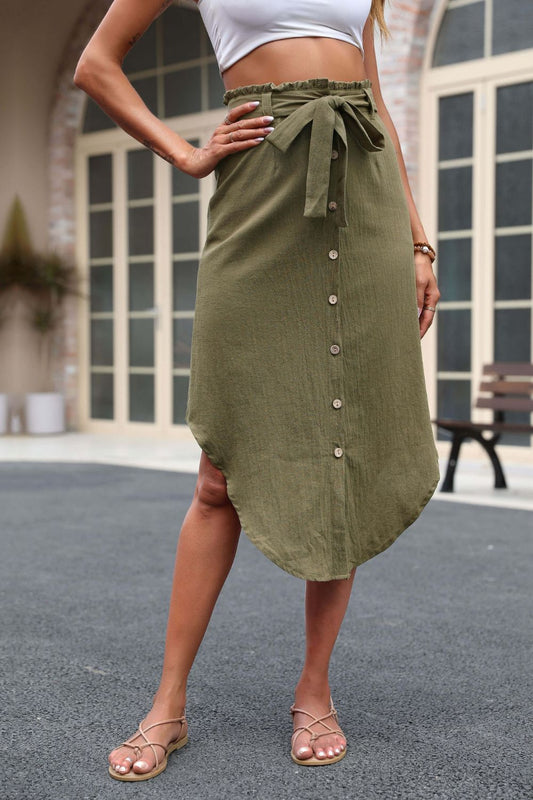 Perfee Tie Belt Frill Trim Buttoned Skirt - The Goddess Galleries