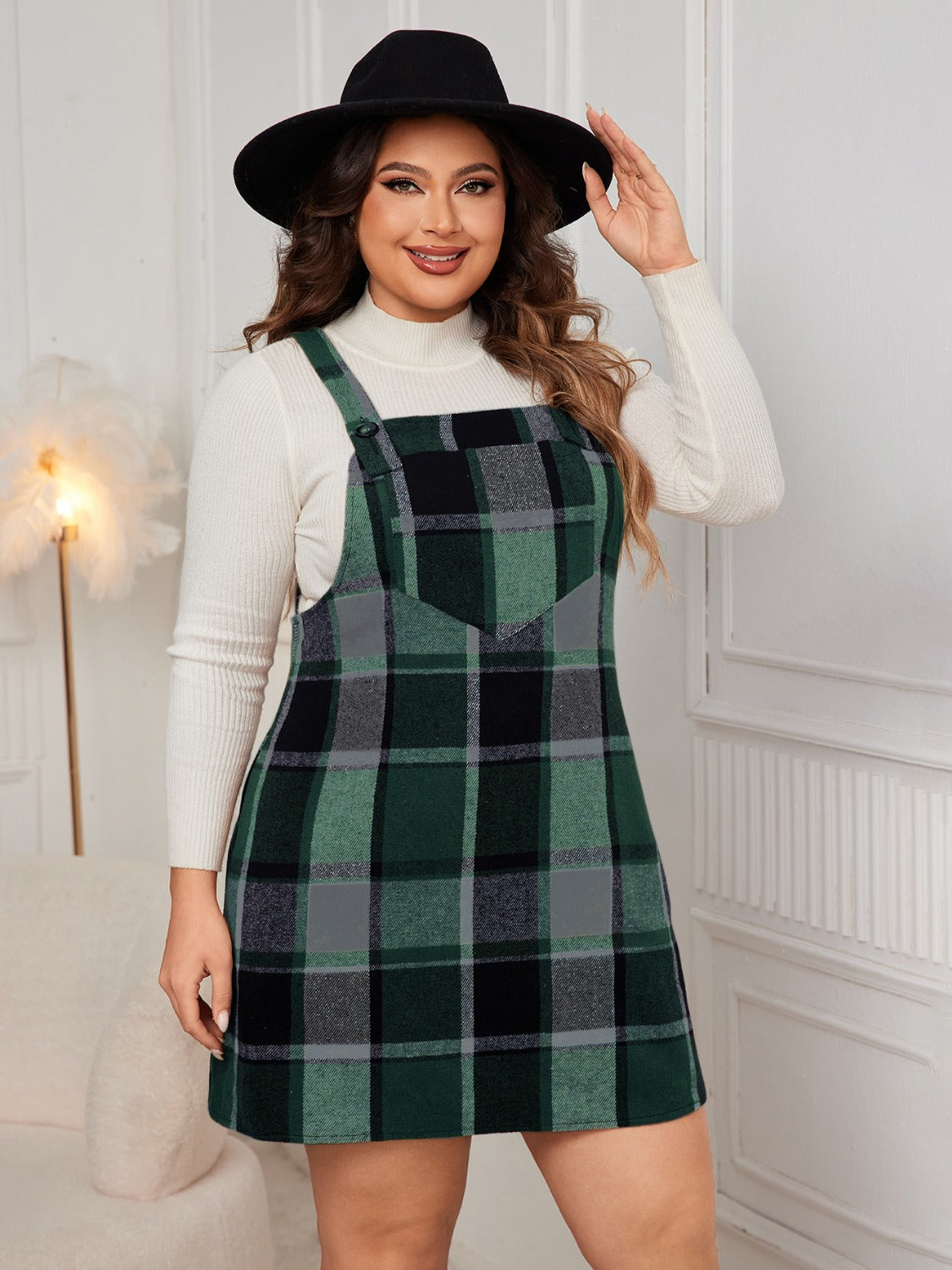 Honey Plus Size Plaid Wide Strap Overall Dress - The Goddess Galleries