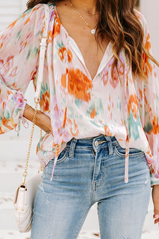 Printed Tie Neck Long Sleeve Blouse - The Goddess Galleries