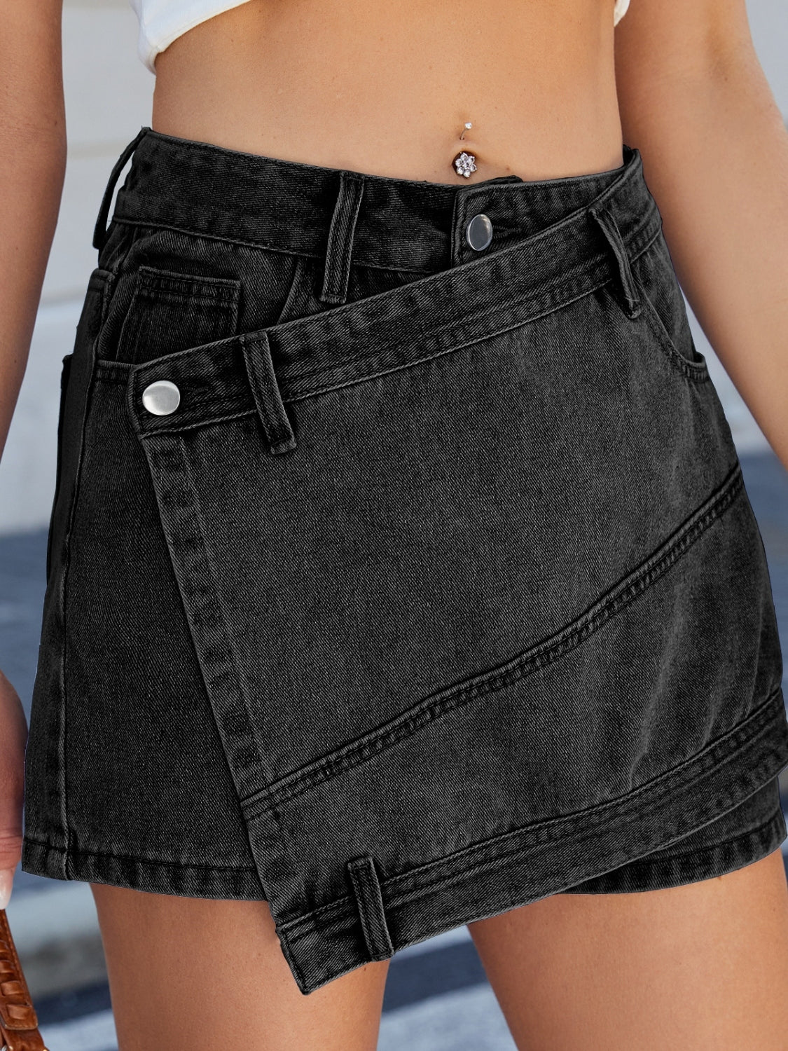 Asymmetrical Denim Skort with Pockets - The Goddess Galleries