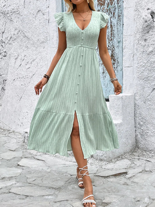 V-Neck Ruffled Cap Sleeve Dress - The Goddess Galleries