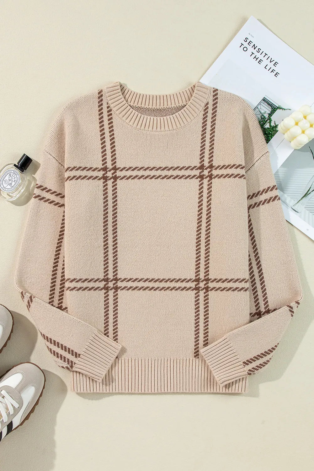 Plaid Round Neck Dropped Shoulder Sweater - The Goddess Galleries