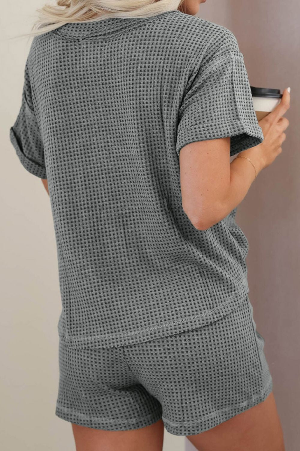 Waffle-Knit Short Sleeve Top and Shorts Lounge Set - The Goddess Galleries