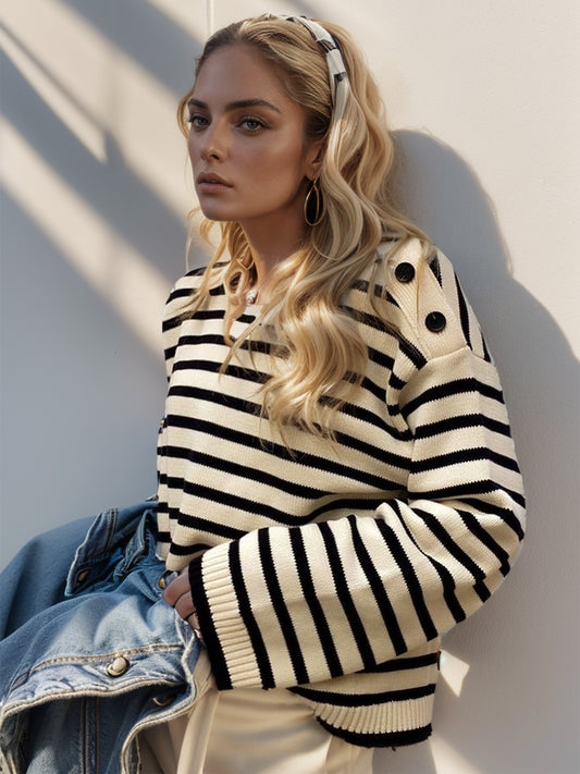 Perfee Striped Round Neck Long Sleeve Knit Top - The Goddess Galleries