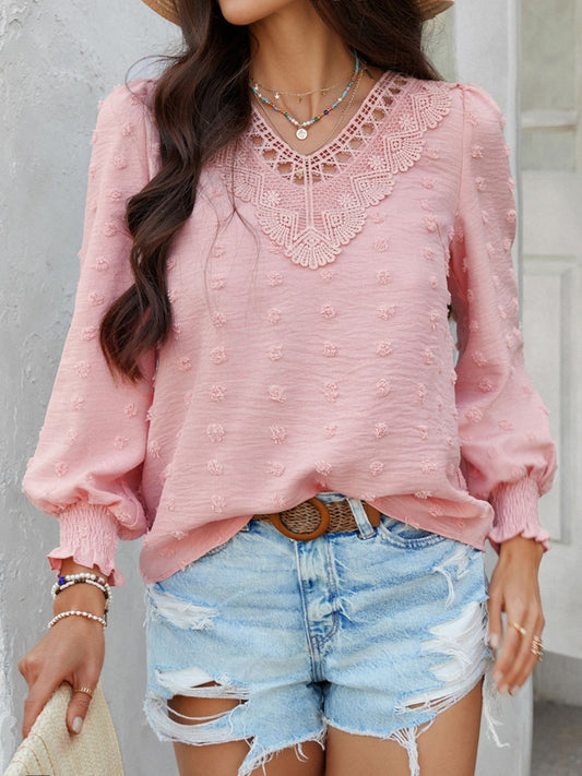 Devine Swiss Dot Lace Detail V-Neck Long Sleeve Blouse - The Goddess Galleries