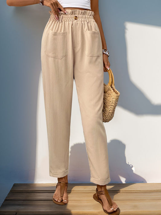Perfee Frill High Waist Pants with Pockets - The Goddess Galleries