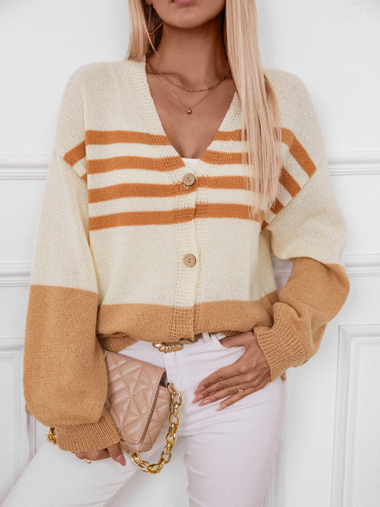 Color Block V-Neck Button Down Long Sleeve Cardigan - The Goddess Galleries