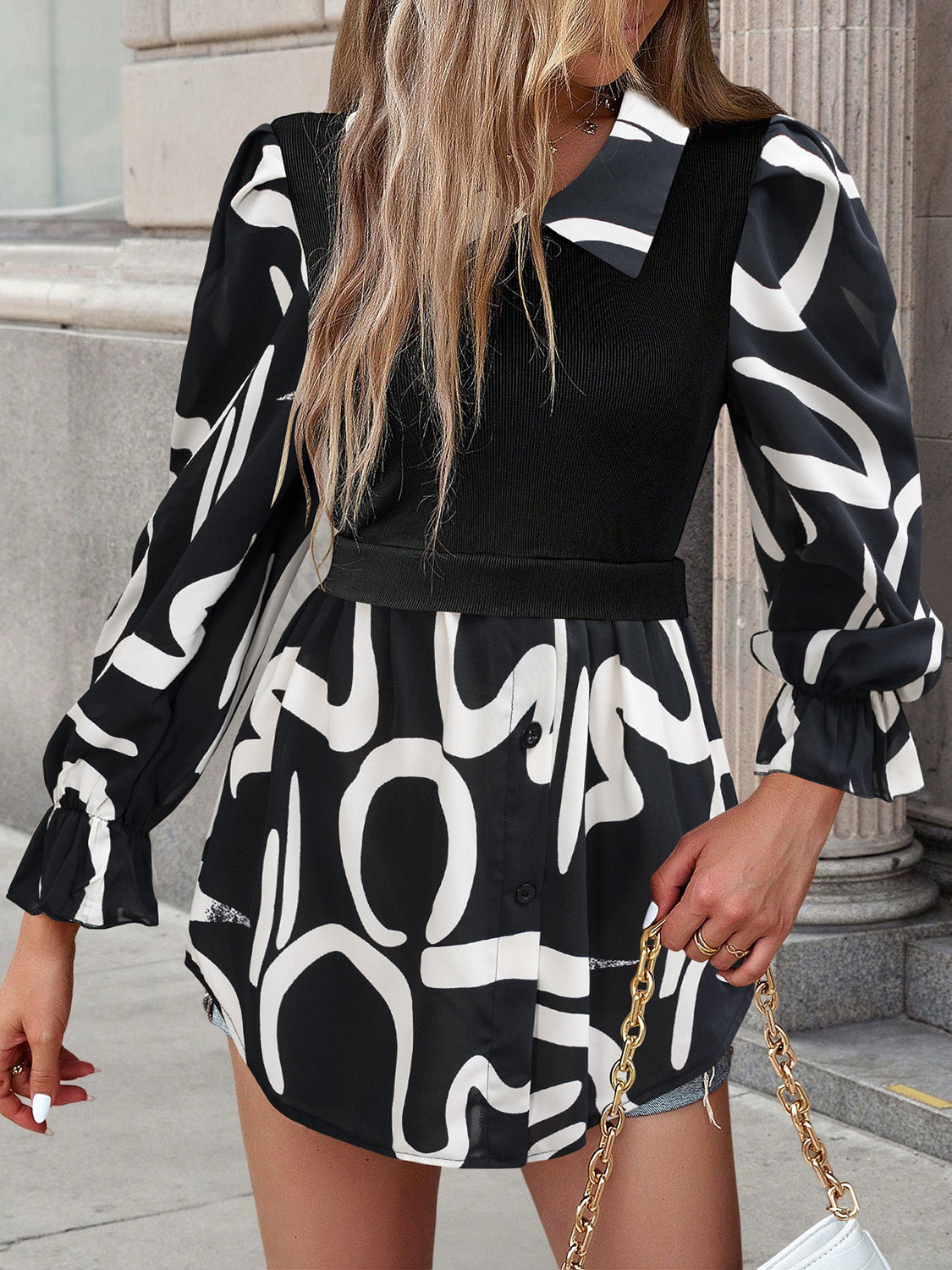 Devine Collared Neck Black And White Color-Contrast Print Long Sleeve Shirt - The Goddess Galleries