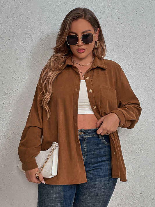 Honey Plus Size Collared Neck Long Sleeve Shirt - The Goddess Galleries