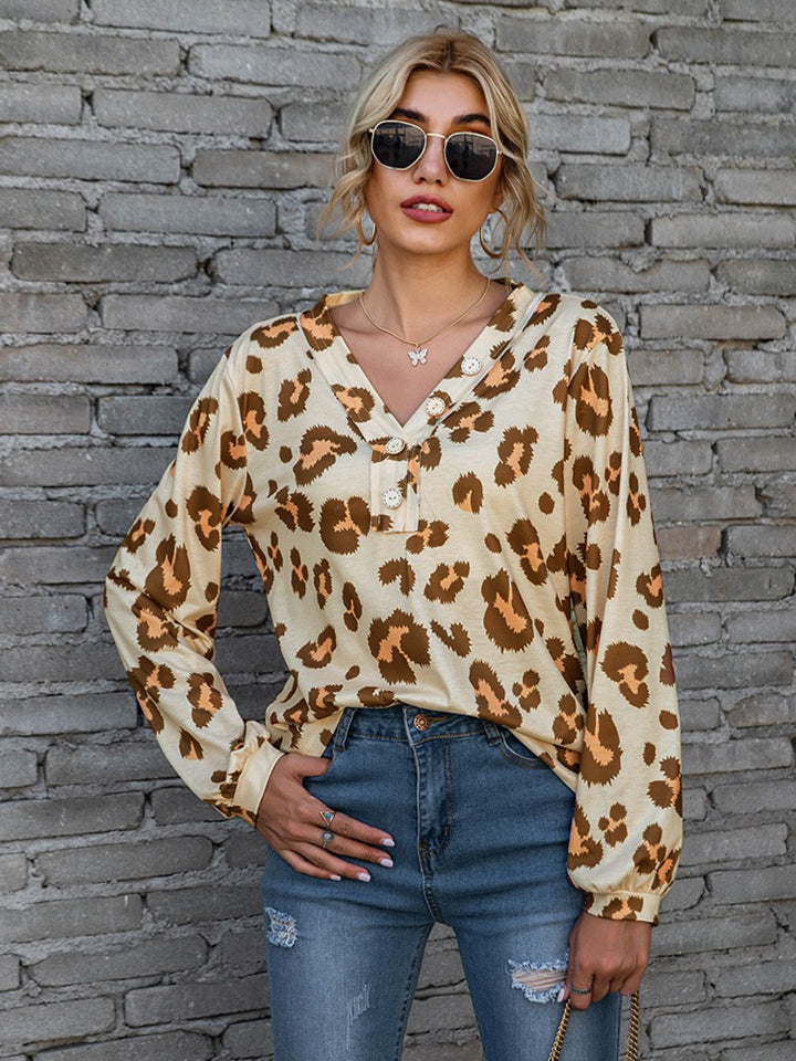 Leopard V-Neck Decorative Button Long Sleeve Blouse - The Goddess Galleries