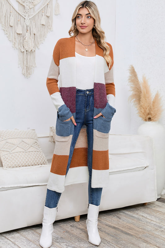 Long Color Block Open Front Pocketed Cardigan - The Goddess Galleries
