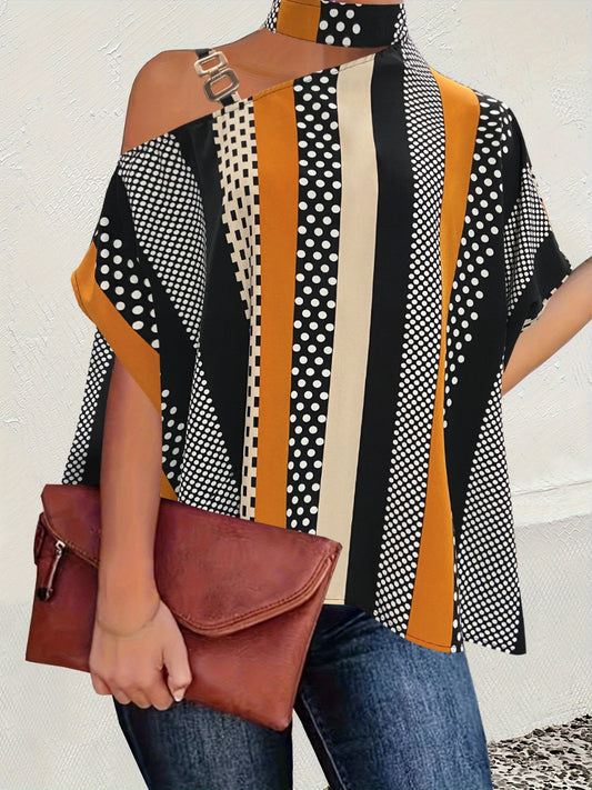 Cutout Color Block Mock Neck Blouse - The Goddess Galleries