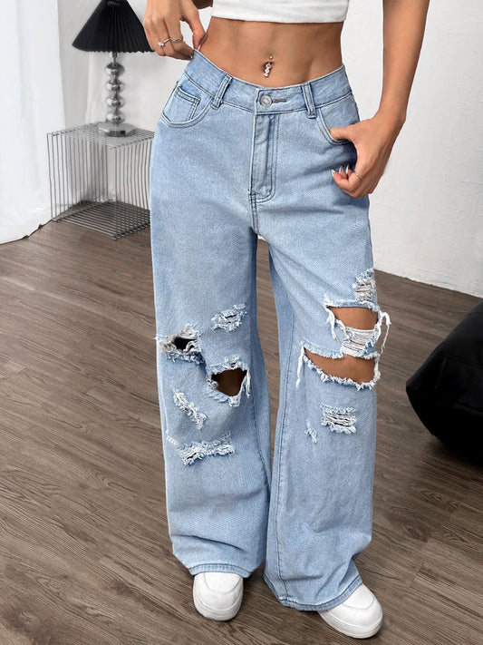Distressed Wide Leg Jeans with Pockets - The Goddess Galleries