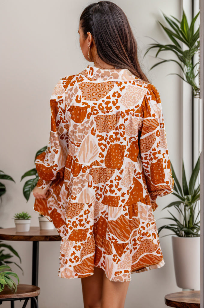Printed Tiered Half Button Lantern Sleeve Mini Dress - The Goddess Galleries