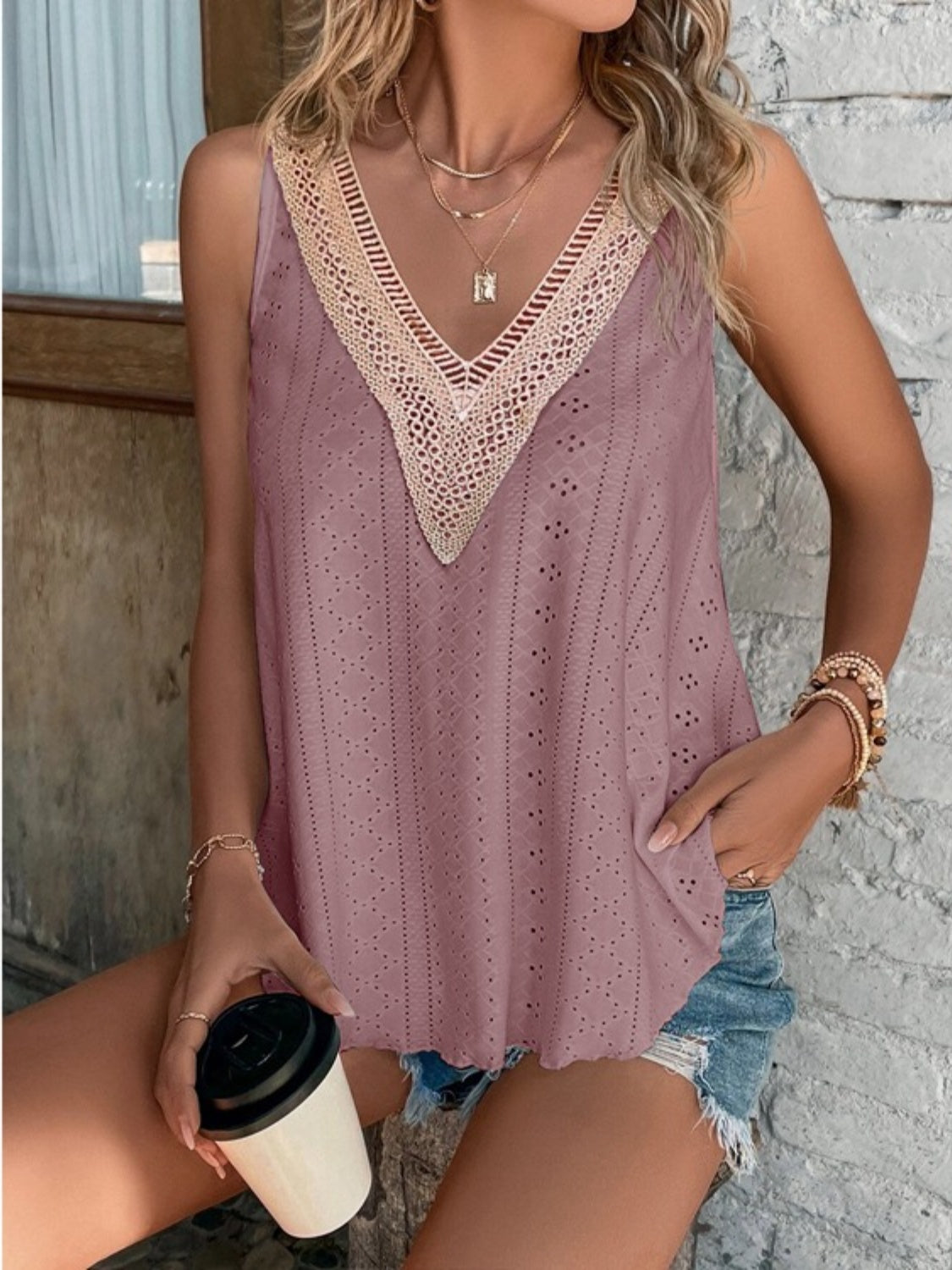 Eyelet V-Neck Wide Strap Tank - The Goddess Galleries