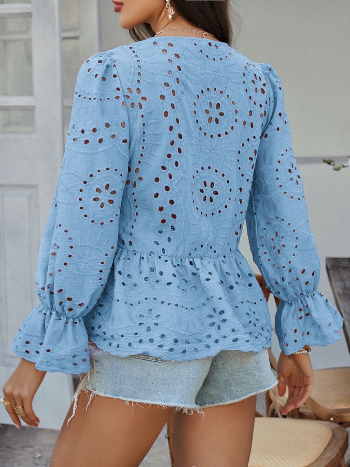 Devine Tie Front Flounce Sleeve Peplum Blouse - The Goddess Galleries