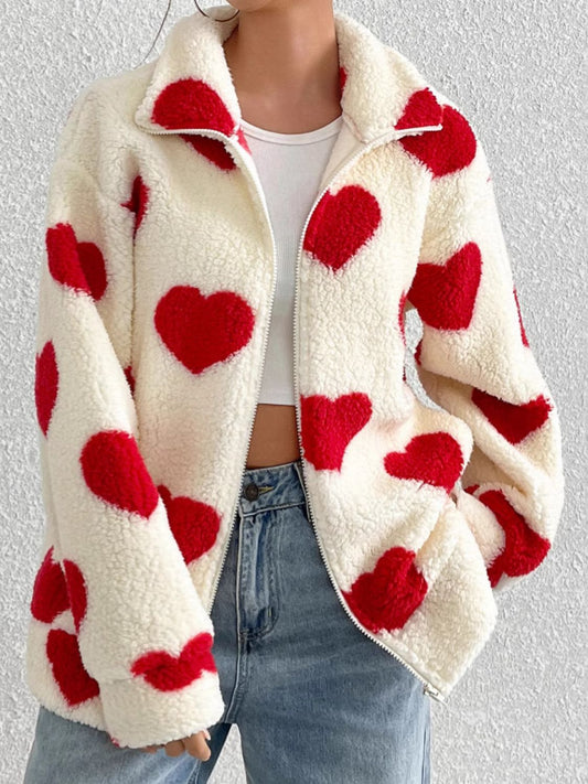 Heart Zip Up Drop Shoulder Furry Jacket - The Goddess Galleries