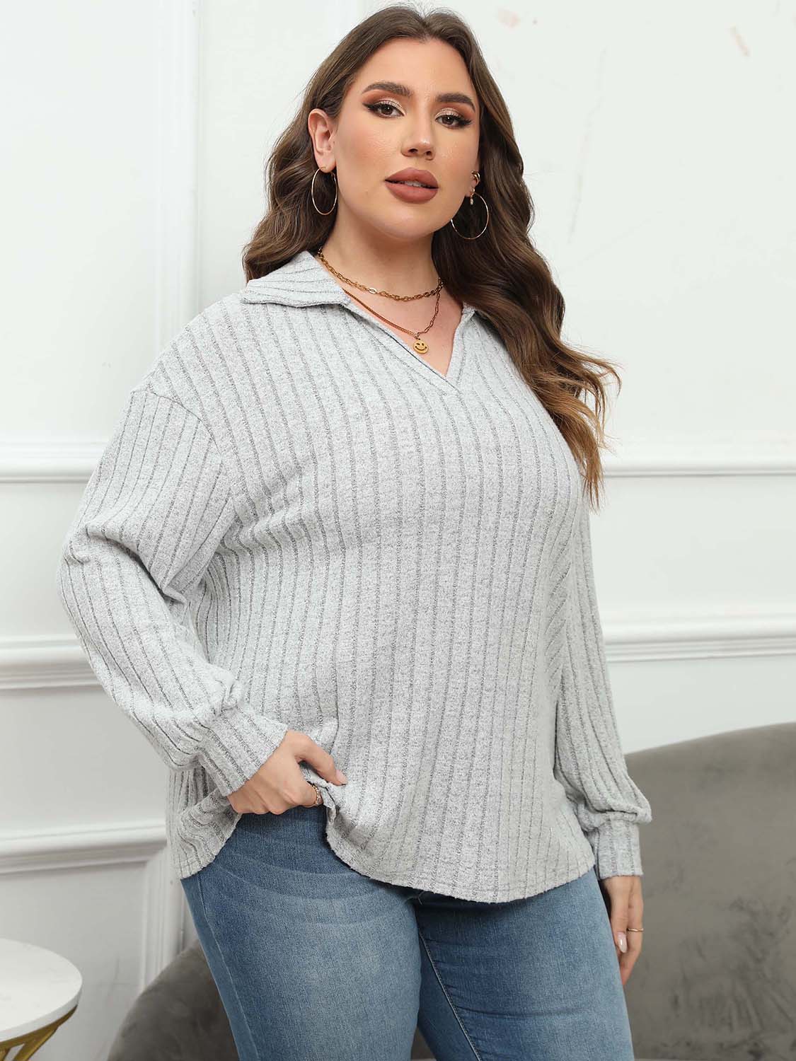 Plus Size Ribbed Collared Neck Long Sleeve Blouse - The Goddess Galleries