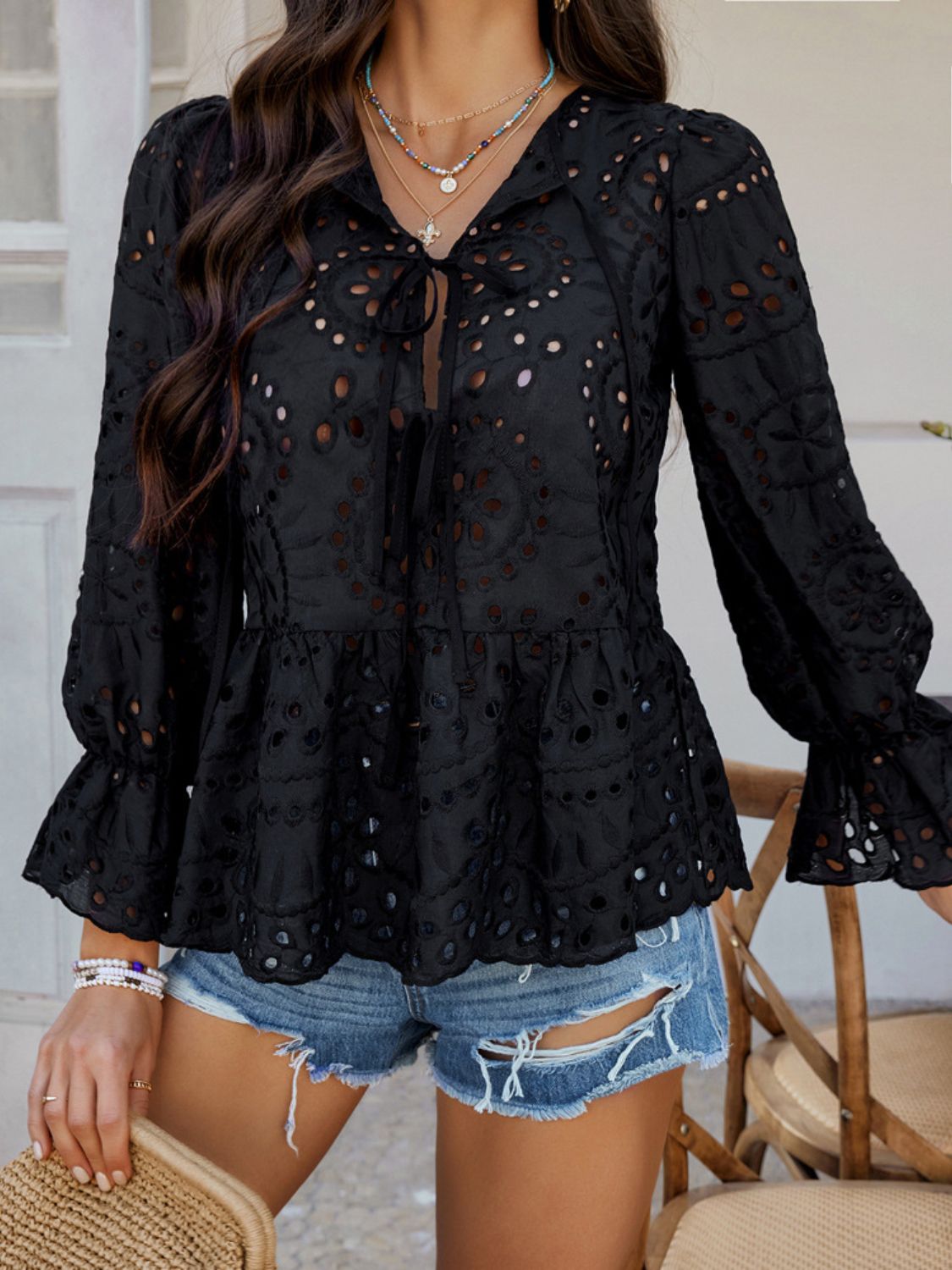 Devine Tie Front Flounce Sleeve Peplum Blouse - The Goddess Galleries